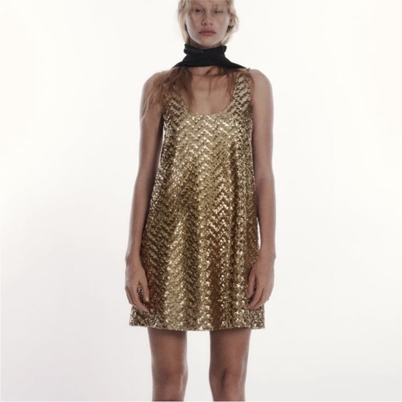 Zara gold sequin knit mini dress BLOGGERS FAVORITE!!!! NWT - Picture 4 of 16